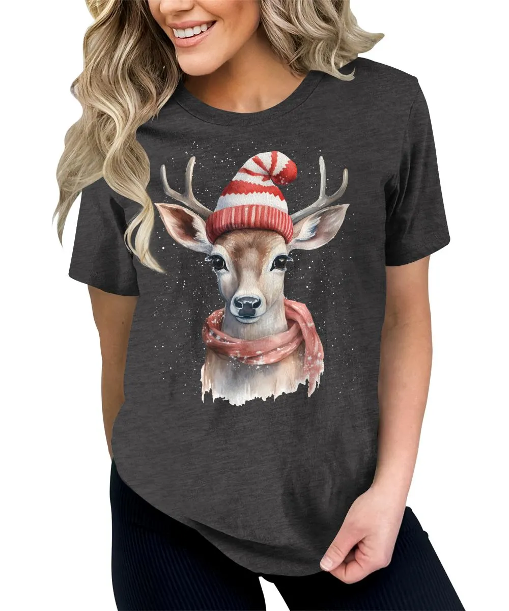 Christmas Deer with Scarf and Hat Shirt Cute Winter Xmas Tshirts Holiday Graphic Tees