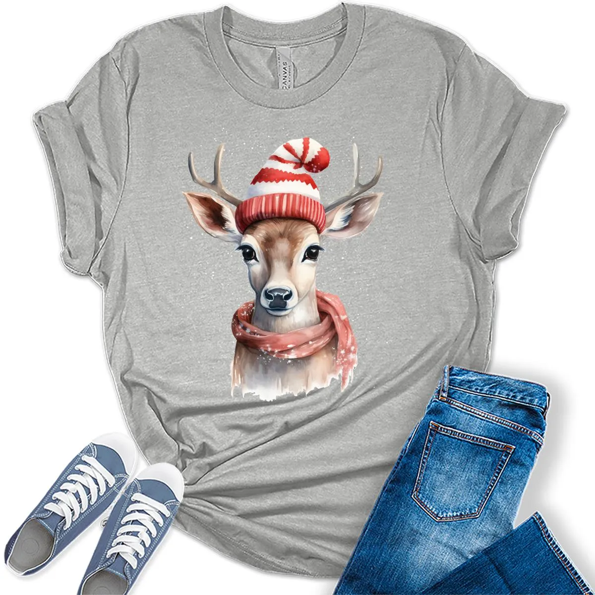 Christmas Deer with Scarf and Hat Shirt Cute Winter Xmas Tshirts Holiday Graphic Tees
