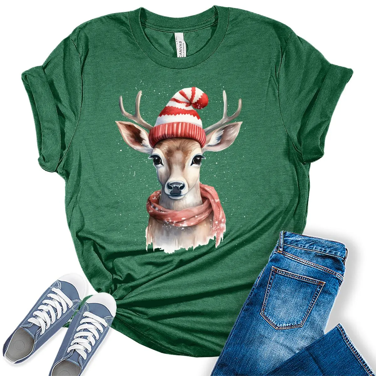 Christmas Deer with Scarf and Hat Shirt Cute Winter Xmas Tshirts Holiday Graphic Tees