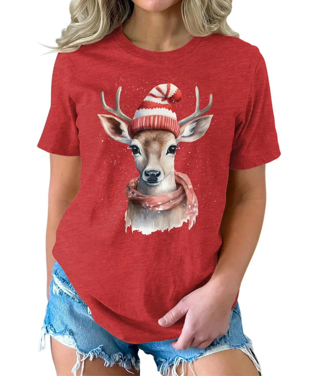 Christmas Deer with Scarf and Hat Shirt Cute Winter Xmas Tshirts Holiday Graphic Tees