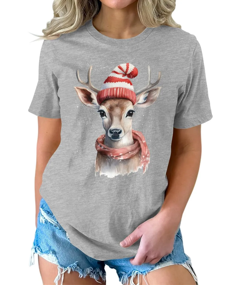 Christmas Deer with Scarf and Hat Shirt Cute Winter Xmas Tshirts Holiday Graphic Tees