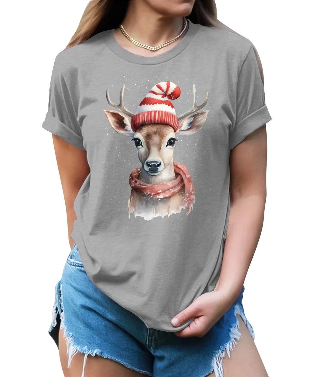 Christmas Deer with Scarf and Hat Shirt Cute Winter Xmas Tshirts Holiday Graphic Tees