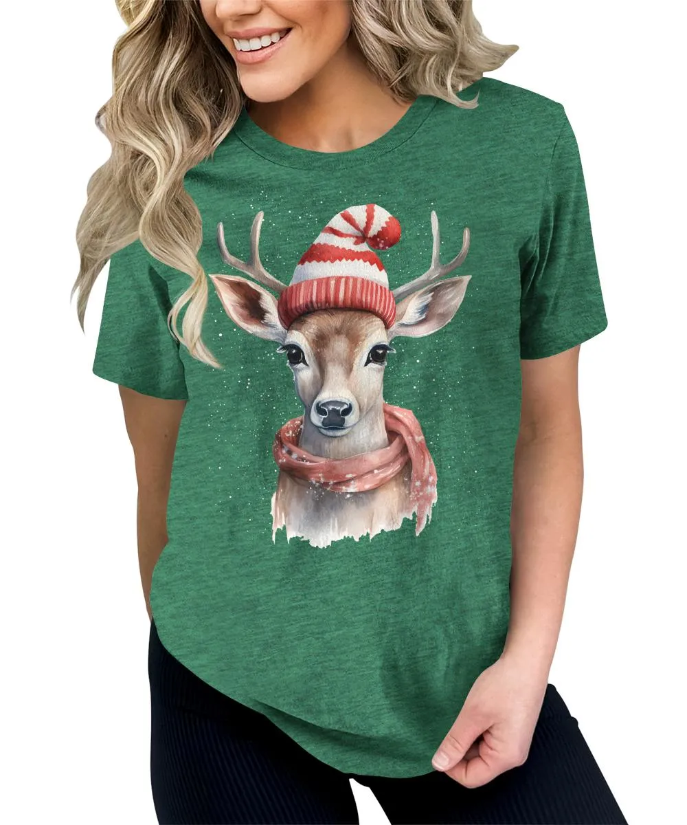 Christmas Deer with Scarf and Hat Shirt Cute Winter Xmas Tshirts Holiday Graphic Tees