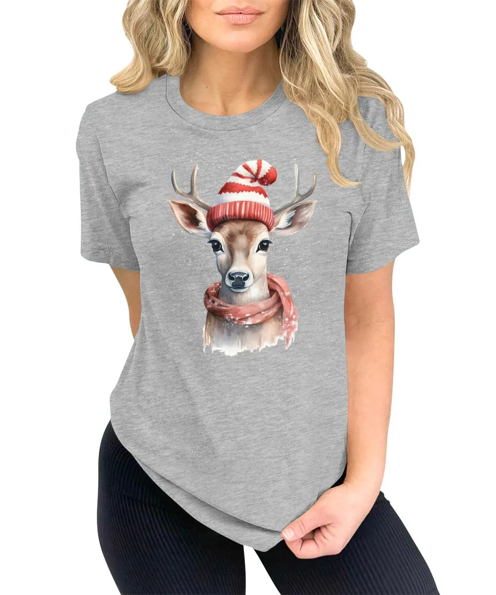 Christmas Deer with Scarf and Hat Shirt Cute Winter Xmas Tshirts Holiday Graphic Tees
