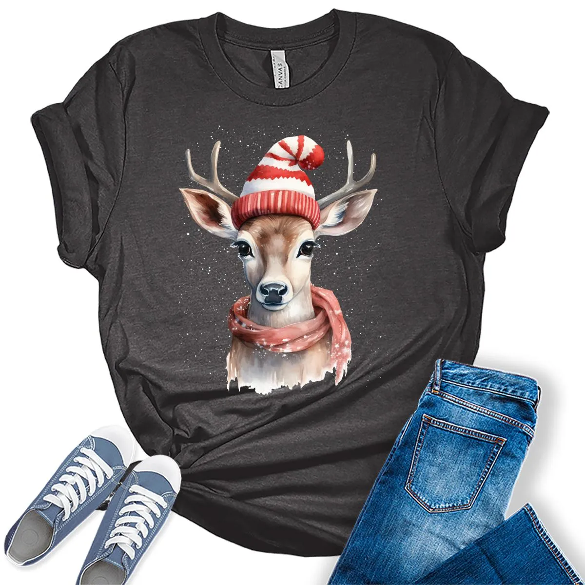 Christmas Deer with Scarf and Hat Shirt Cute Winter Xmas Tshirts Holiday Graphic Tees