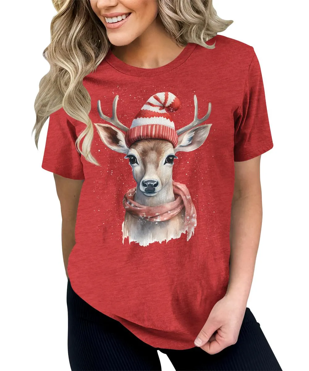 Christmas Deer with Scarf and Hat Shirt Cute Winter Xmas Tshirts Holiday Graphic Tees