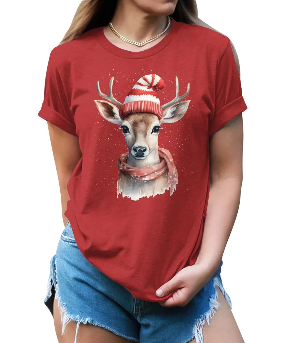 Christmas Deer with Scarf and Hat Shirt Cute Winter Xmas Tshirts Holiday Graphic Tees