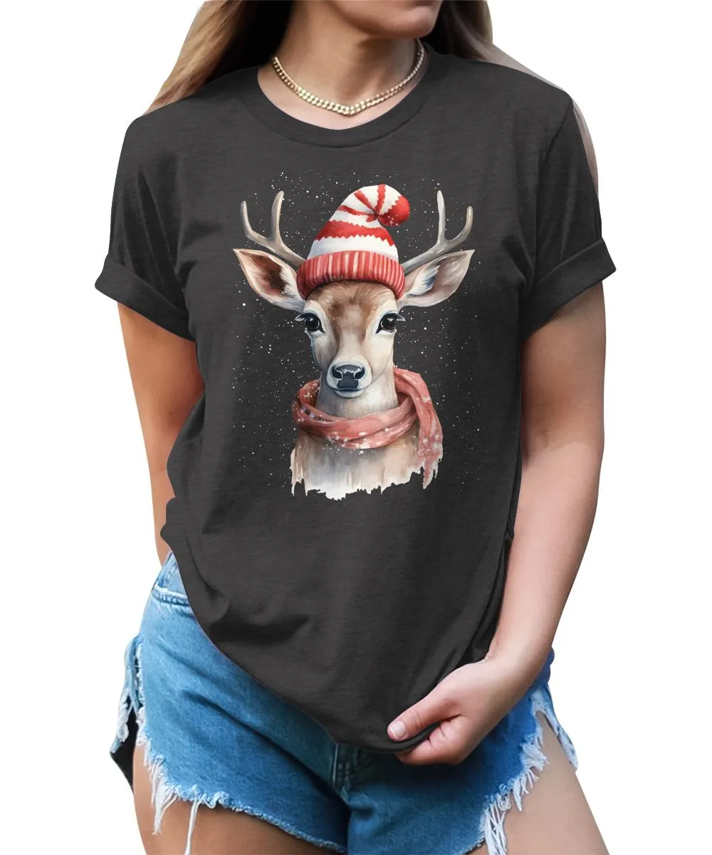 Christmas Deer with Scarf and Hat Shirt Cute Winter Xmas Tshirts Holiday Graphic Tees
