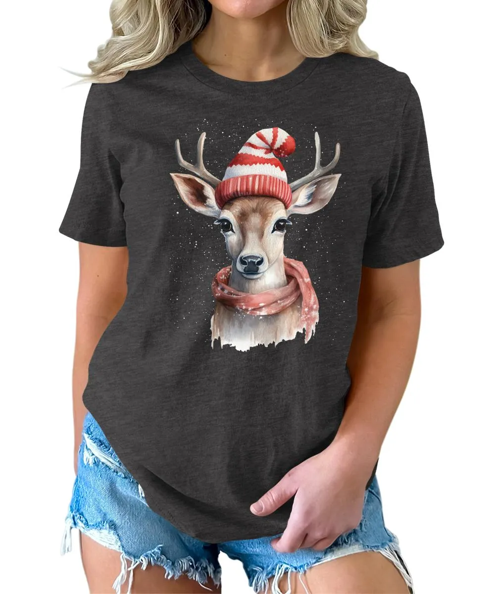 Christmas Deer with Scarf and Hat Shirt Cute Winter Xmas Tshirts Holiday Graphic Tees