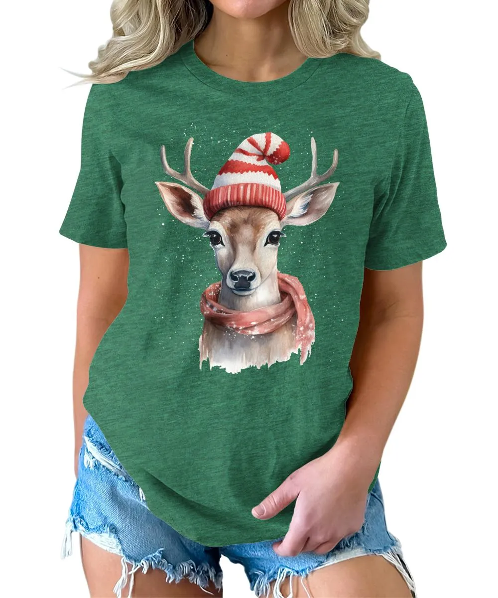Christmas Deer with Scarf and Hat Shirt Cute Winter Xmas Tshirts Holiday Graphic Tees