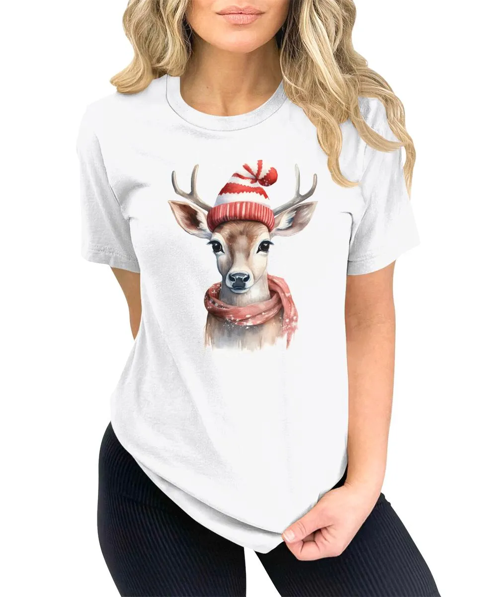 Christmas Deer with Scarf and Hat Shirt Cute Winter Xmas Tshirts Holiday Graphic Tees