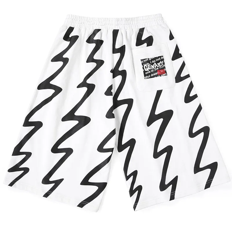 Color Block Lightning Stripes Print Loose Shorts