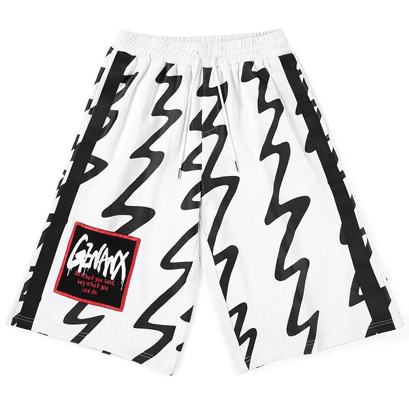 Color Block Lightning Stripes Print Loose Shorts