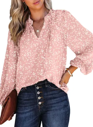 Dokotoo Women's Casual V Neck Alicia Floral Print Smocked Long Sleeve Chiffon Blouses Bohemian Top Shirts