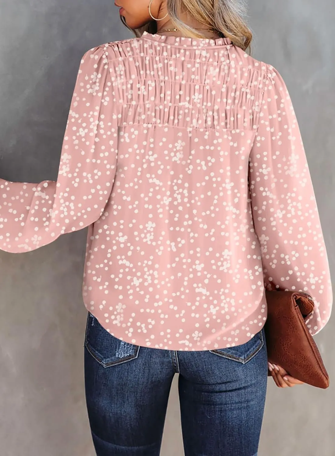 Dokotoo Women's Casual V Neck Alicia Floral Print Smocked Long Sleeve Chiffon Blouses Bohemian Top Shirts