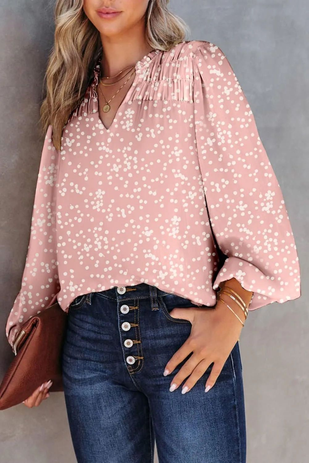 Dokotoo Women's Casual V Neck Alicia Floral Print Smocked Long Sleeve Chiffon Blouses Bohemian Top Shirts