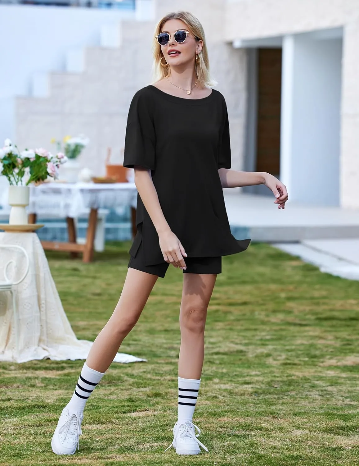 Ekouaer Womens 2 Piece Lounge Set 2025 Summer Outfits Oversized V Neck Tshirts Biker Short Comfy Airport Loungewear
