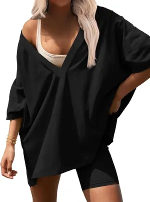Ekouaer Womens 2 Piece Lounge Set 2025 Summer Outfits Oversized V Neck Tshirts Biker Short Comfy Airport Loungewear