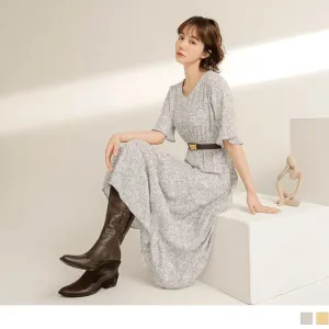 ELASTIC WAIST V-NECK RUFFLE SLEEVE PRINTED MAXI DRESS