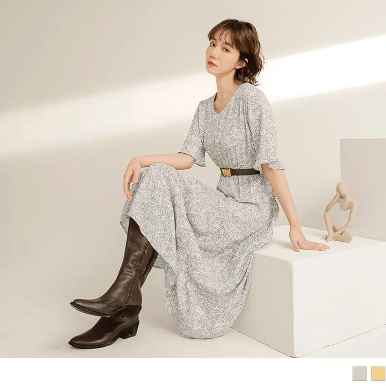 ELASTIC WAIST V-NECK RUFFLE SLEEVE PRINTED MAXI DRESS