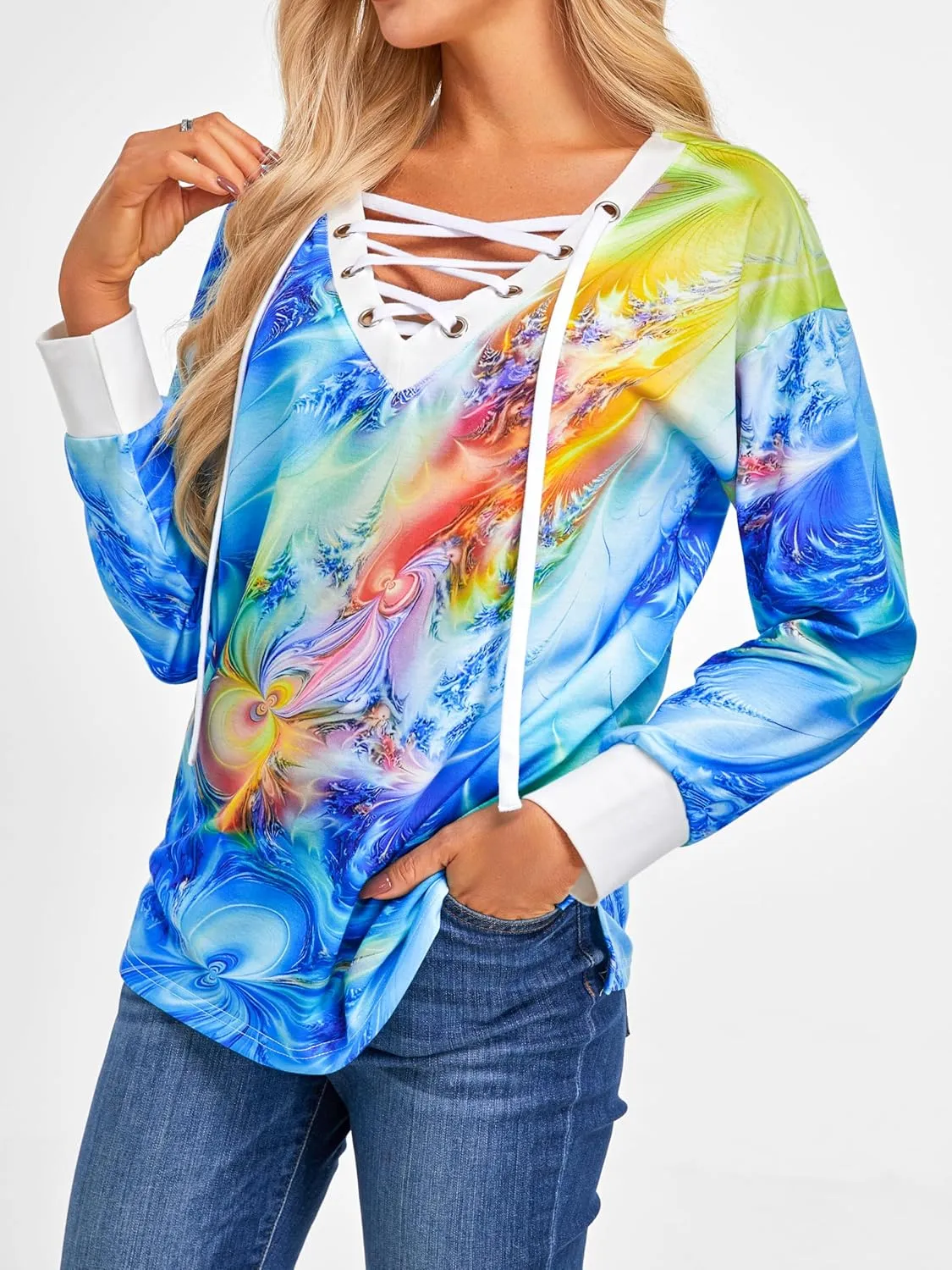 FAIRY SEASON Women's Long Sleeve Shirts V Neck Lace Up Casual Lightweight Loose Fit Tunic Tops 2025