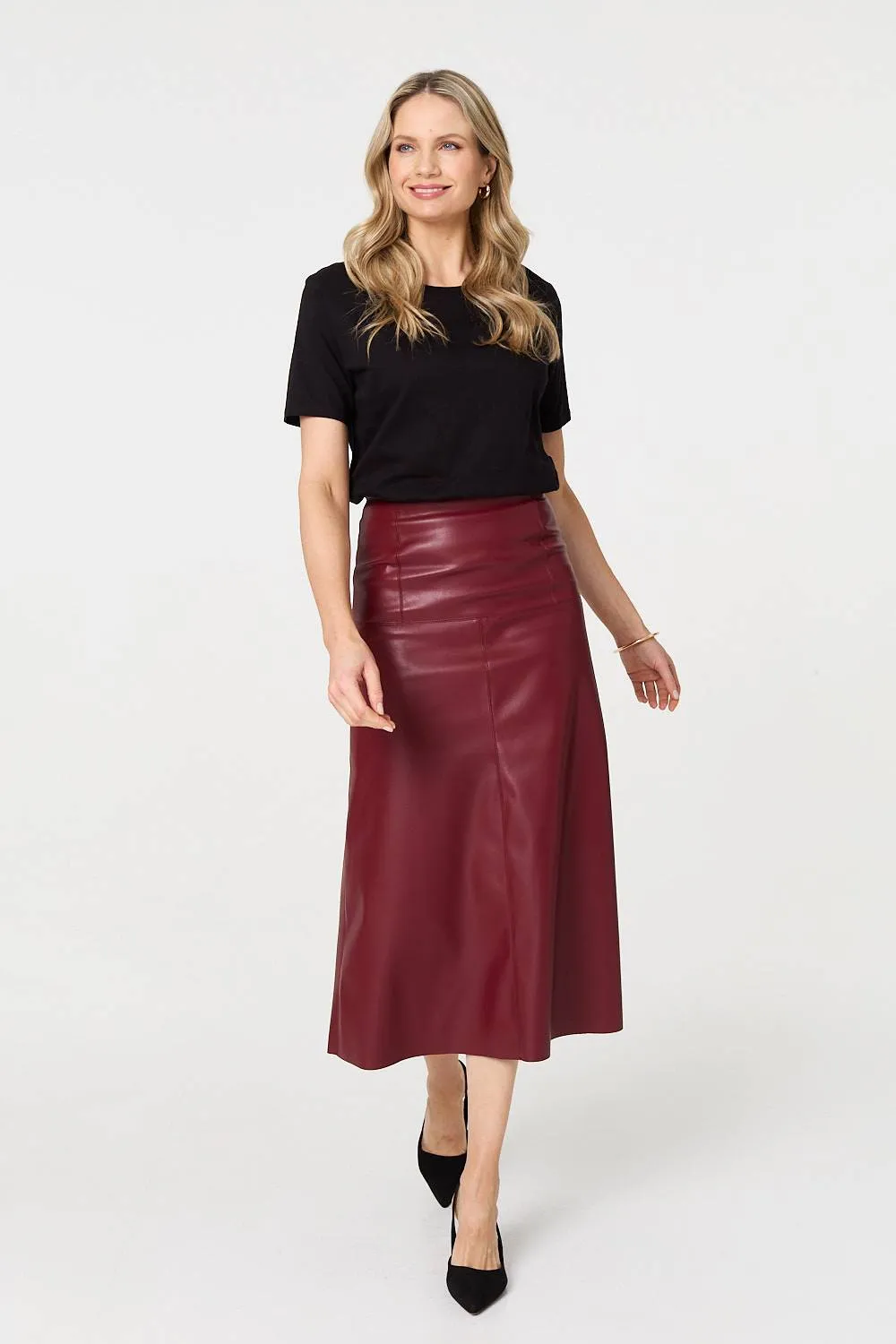 Faux Leather High Waist Midi Skirt