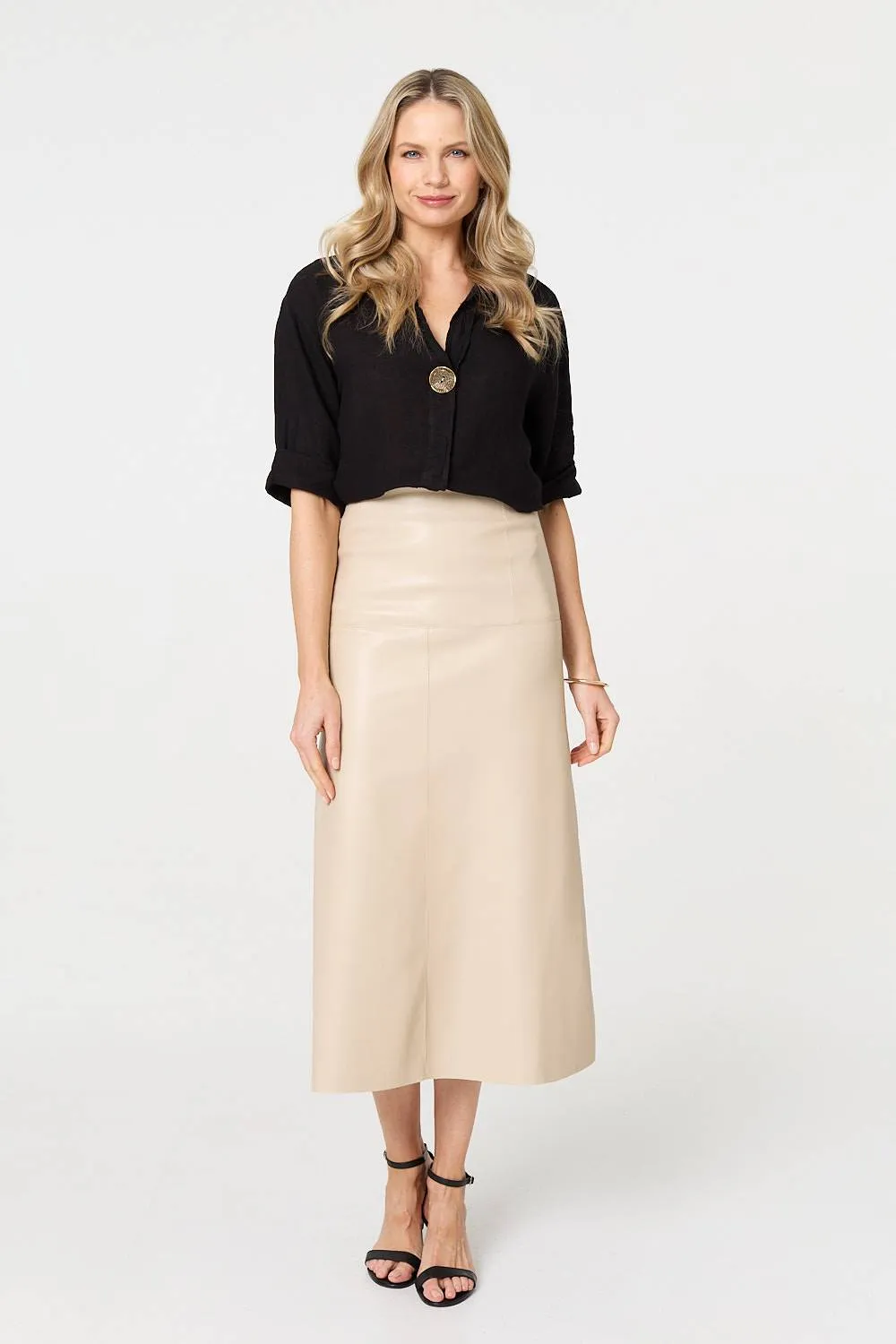 Faux Leather High Waist Midi Skirt