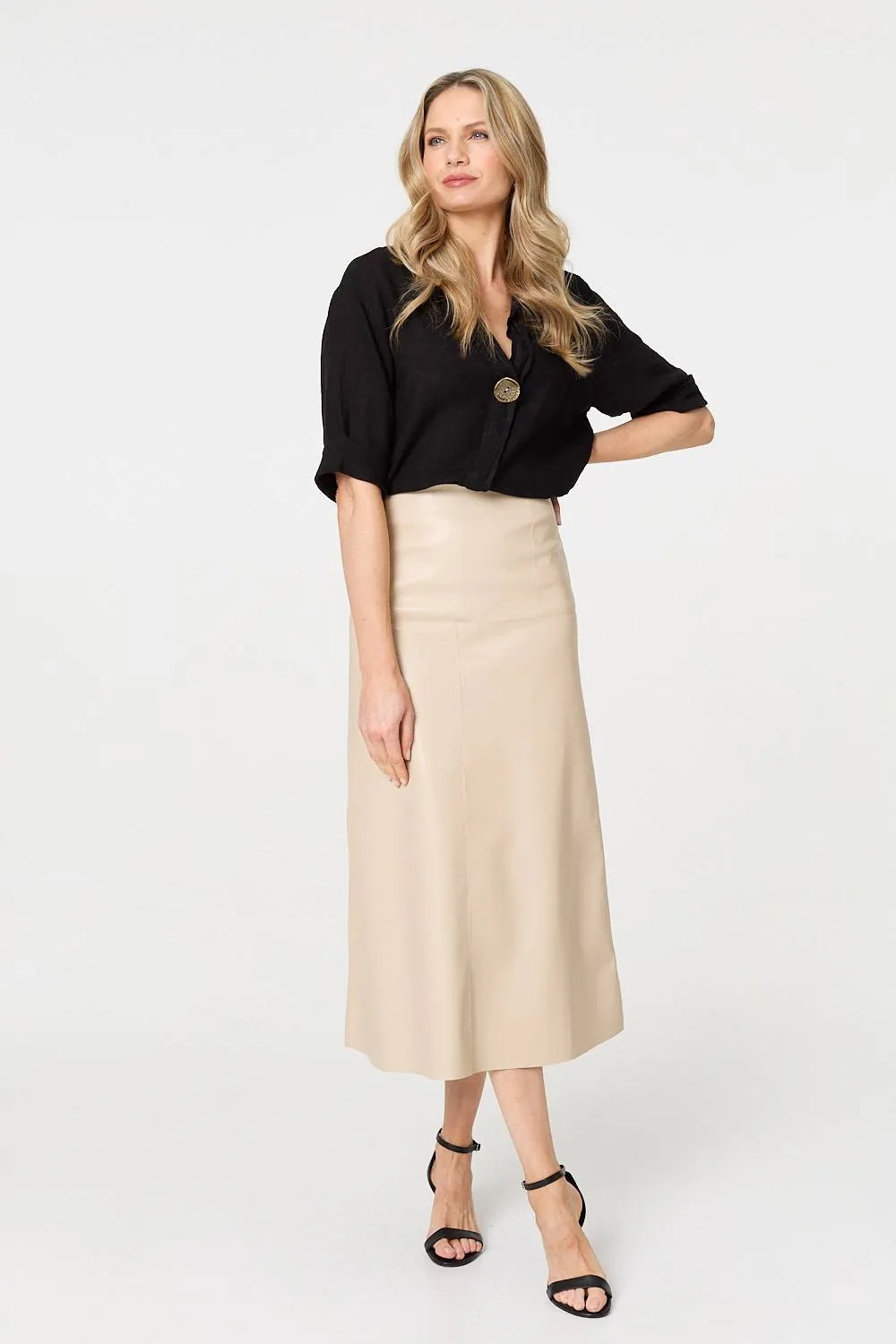 Faux Leather High Waist Midi Skirt