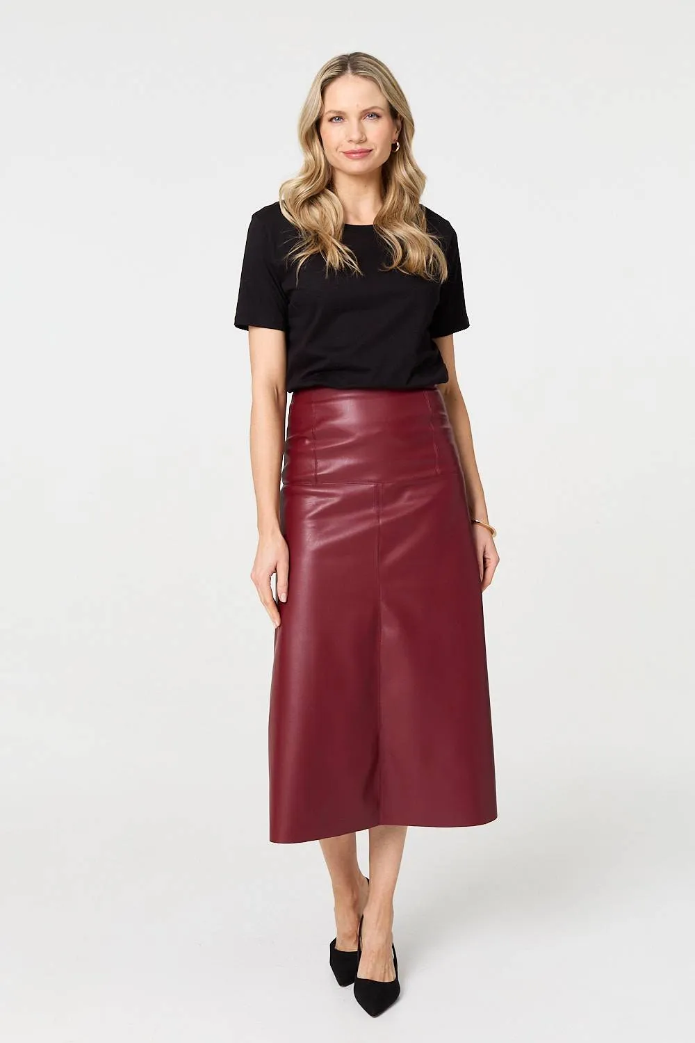 Faux Leather High Waist Midi Skirt