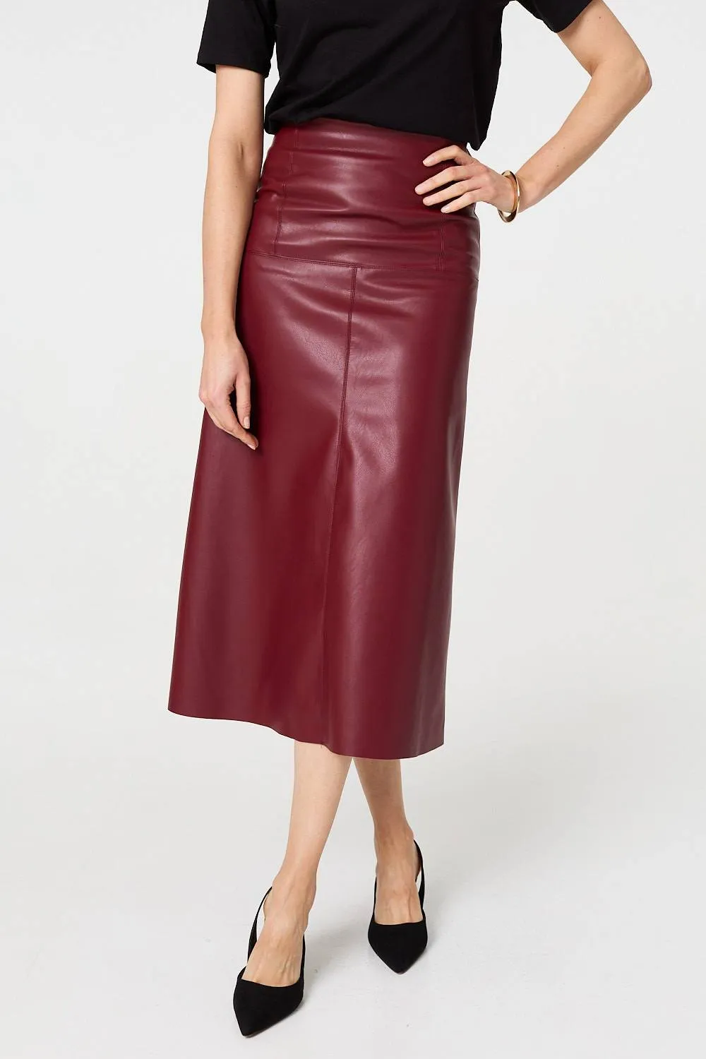 Faux Leather High Waist Midi Skirt
