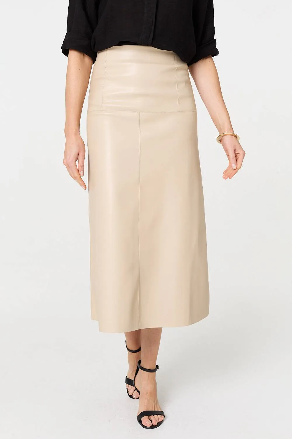 Faux Leather High Waist Midi Skirt