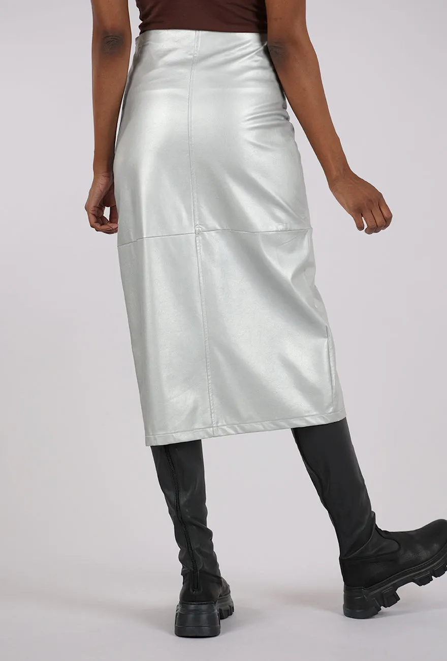 Faux Leather Midi Skirt, Silver
