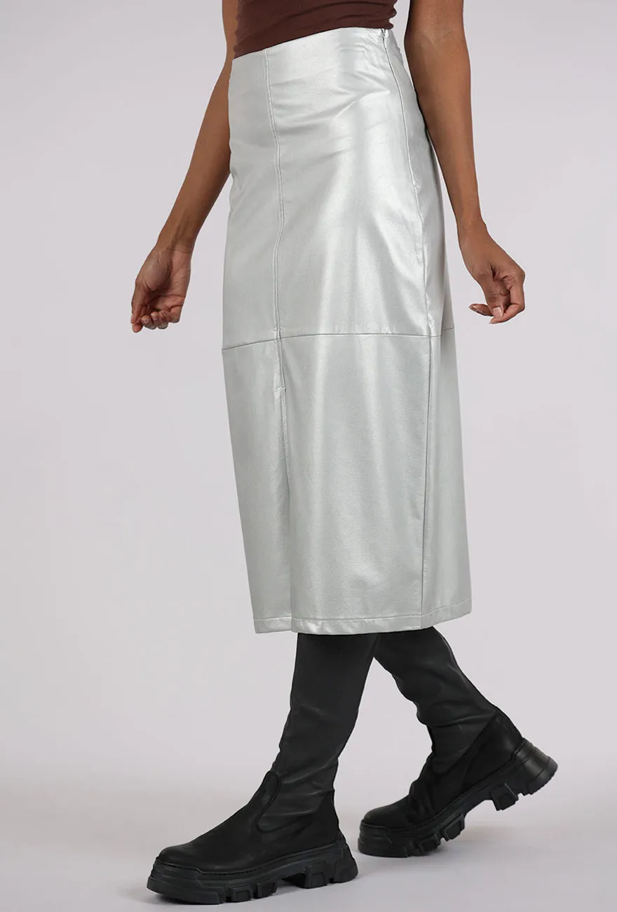 Faux Leather Midi Skirt, Silver