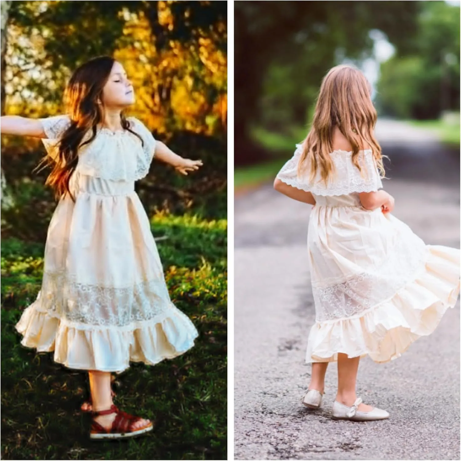 fioukiay Toddler Girl-Wedding-Princess-Maxi-Dress Boho Off Shoulder Lace Ruffle Dress Gowns Holiday Dresses