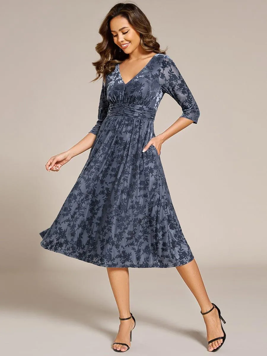 Floral Velvet 3/4 Sleeve V-Neck Pleated Wedding Guest Dress