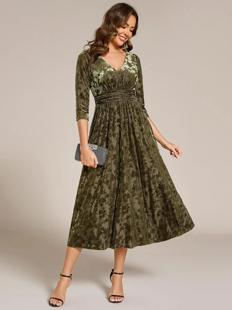 Floral Velvet 3/4 Sleeve V-Neck Pleated Wedding Guest Dress
