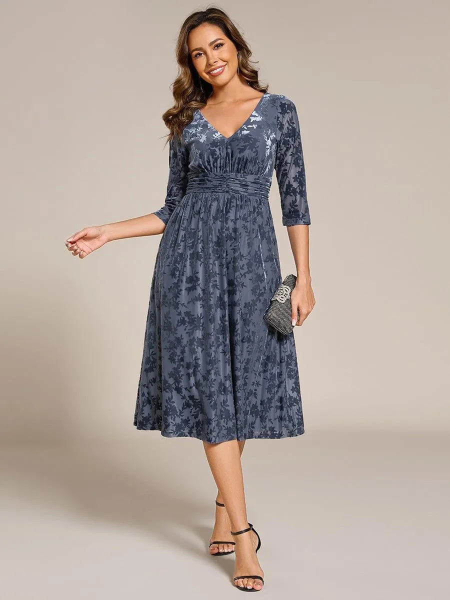 Floral Velvet 3/4 Sleeve V-Neck Pleated Wedding Guest Dress