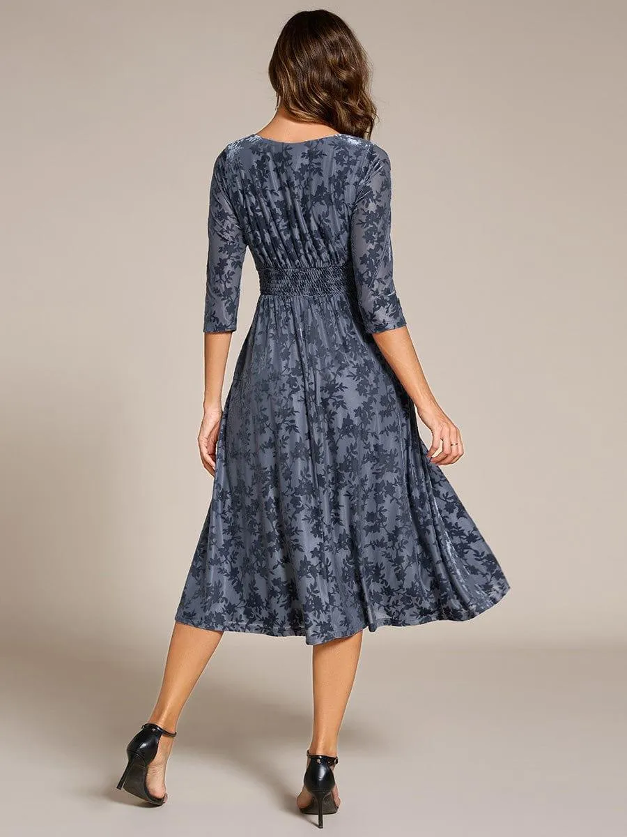 Floral Velvet 3/4 Sleeve V-Neck Pleated Wedding Guest Dress