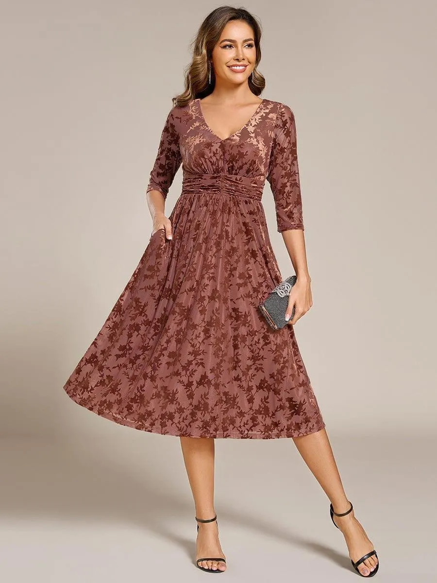 Floral Velvet 3/4 Sleeve V-Neck Pleated Wedding Guest Dress