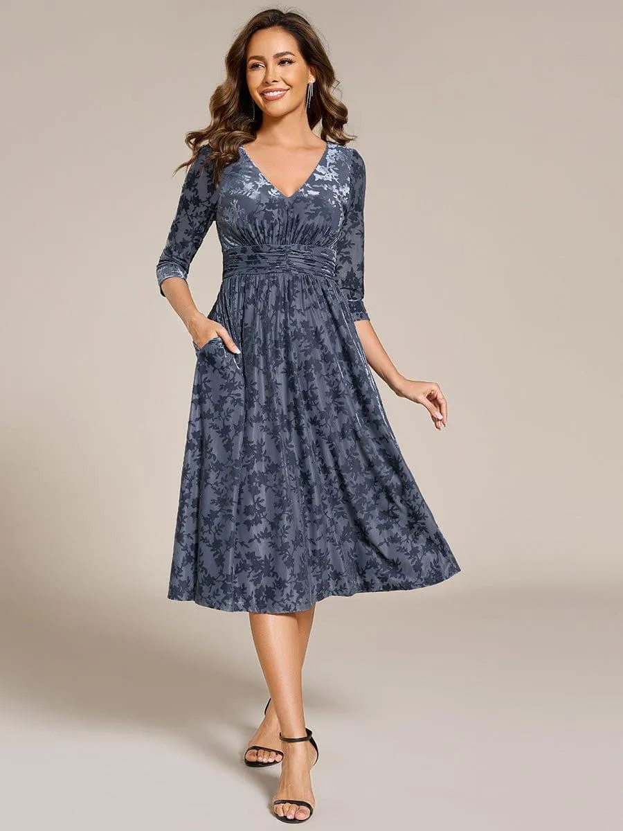 Floral Velvet 3/4 Sleeve V-Neck Pleated Wedding Guest Dress