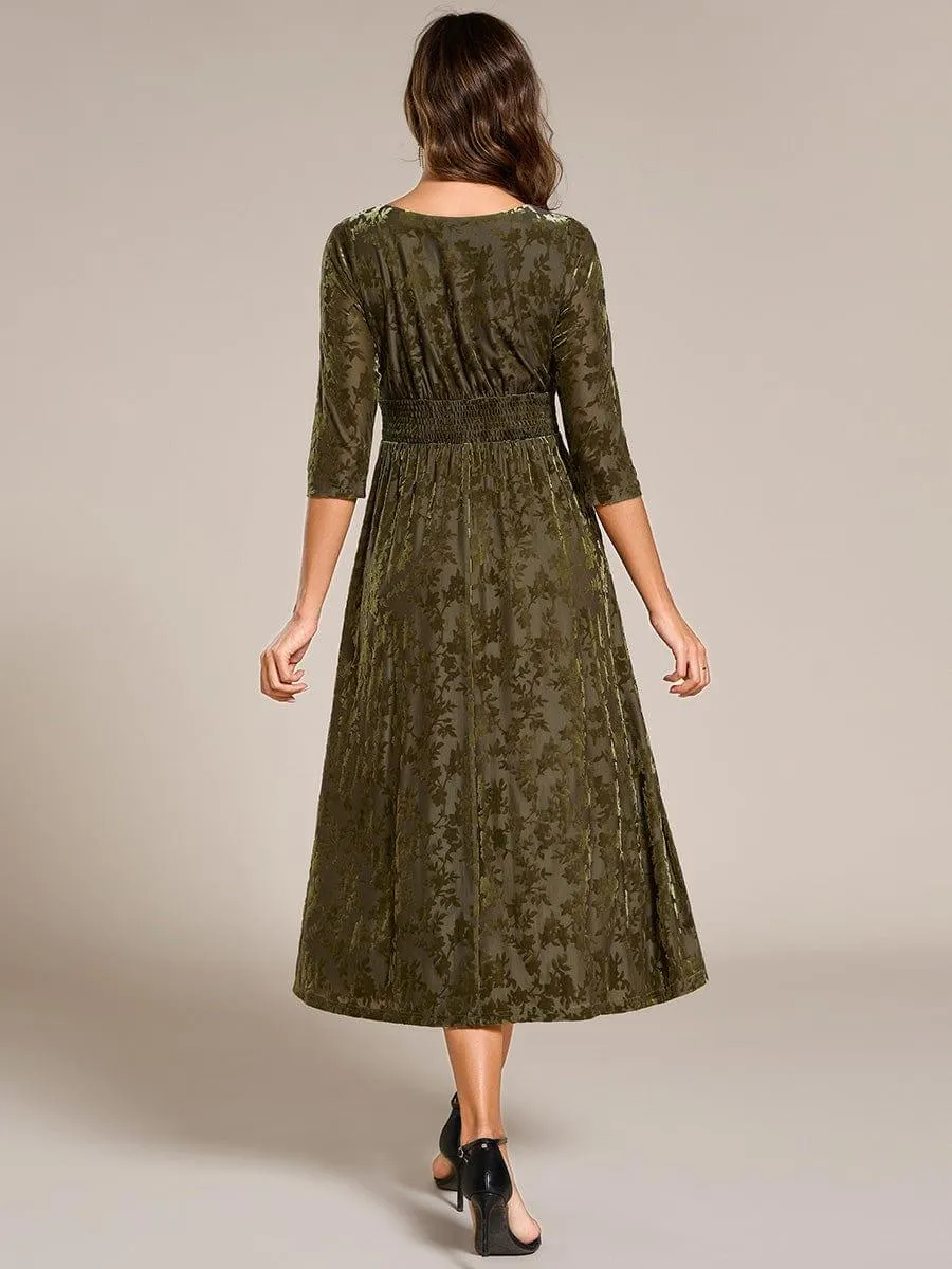 Floral Velvet 3/4 Sleeve V-Neck Pleated Wedding Guest Dress