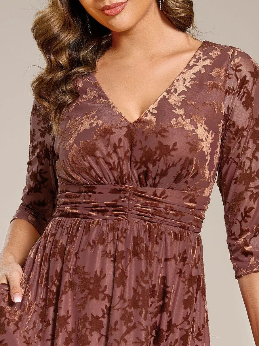 Floral Velvet 3/4 Sleeve V-Neck Pleated Wedding Guest Dress