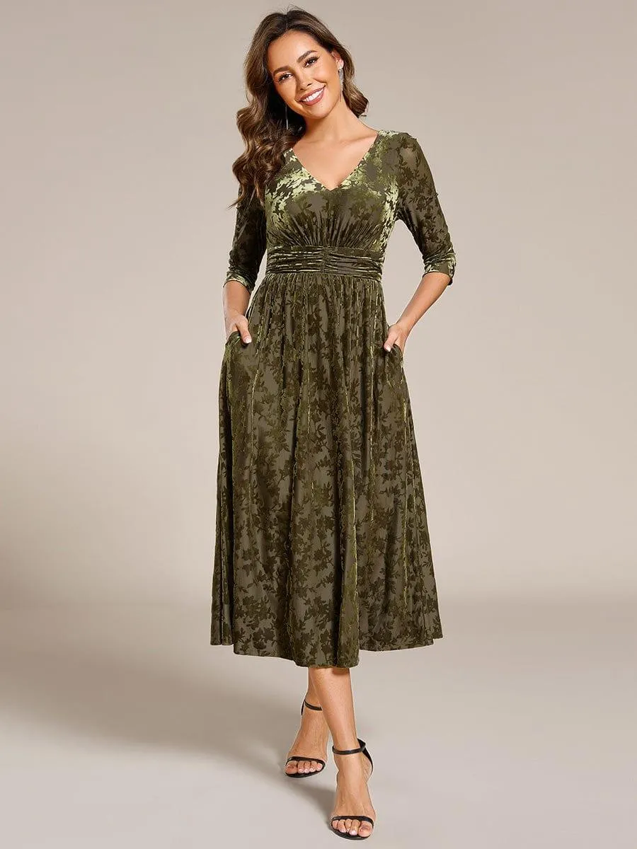 Floral Velvet 3/4 Sleeve V-Neck Pleated Wedding Guest Dress