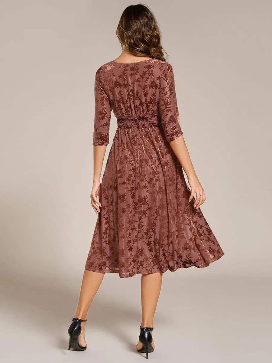 Floral Velvet 3/4 Sleeve V-Neck Pleated Wedding Guest Dress