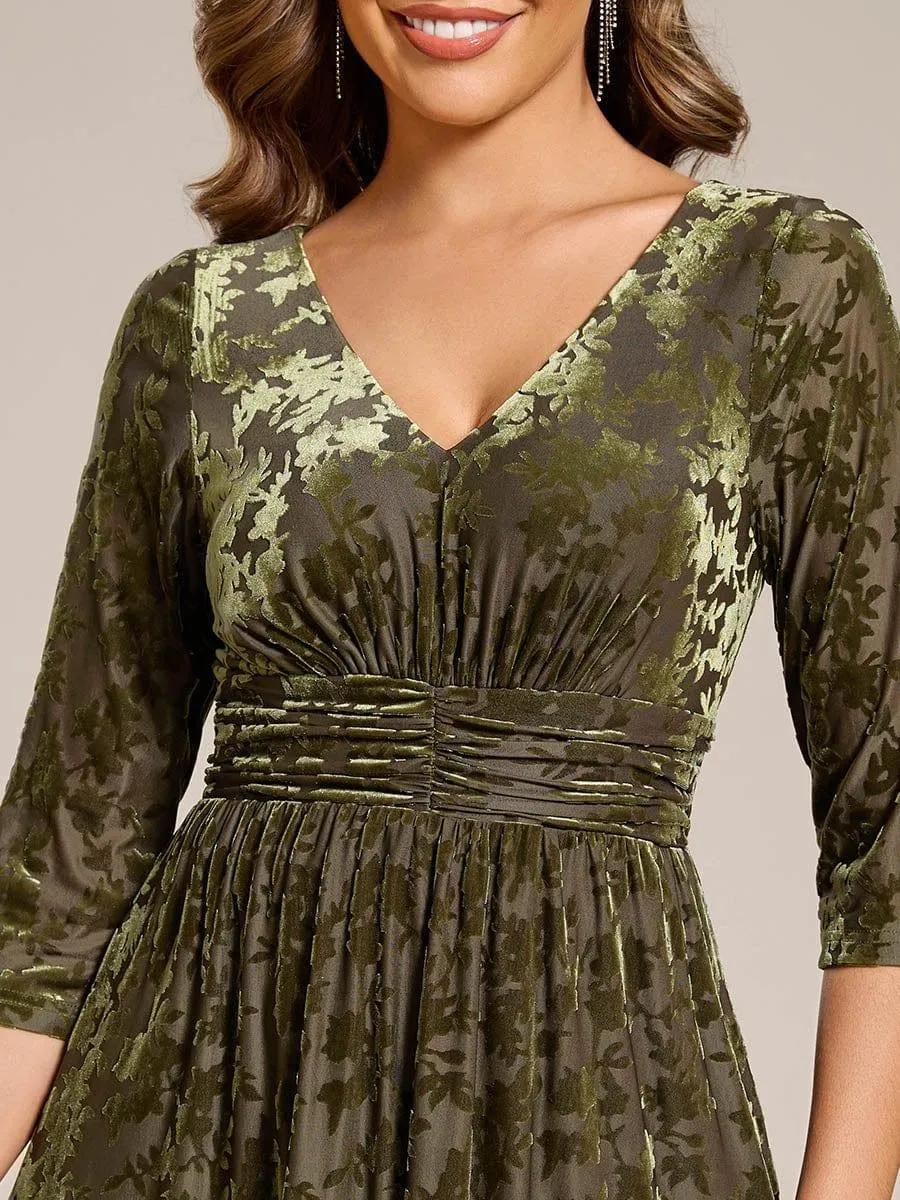 Floral Velvet 3/4 Sleeve V-Neck Pleated Wedding Guest Dress