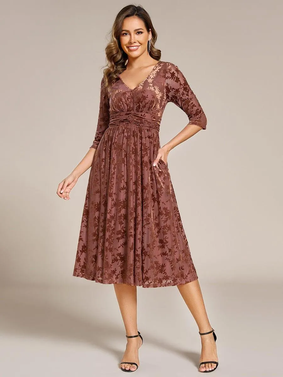 Floral Velvet 3/4 Sleeve V-Neck Pleated Wedding Guest Dress