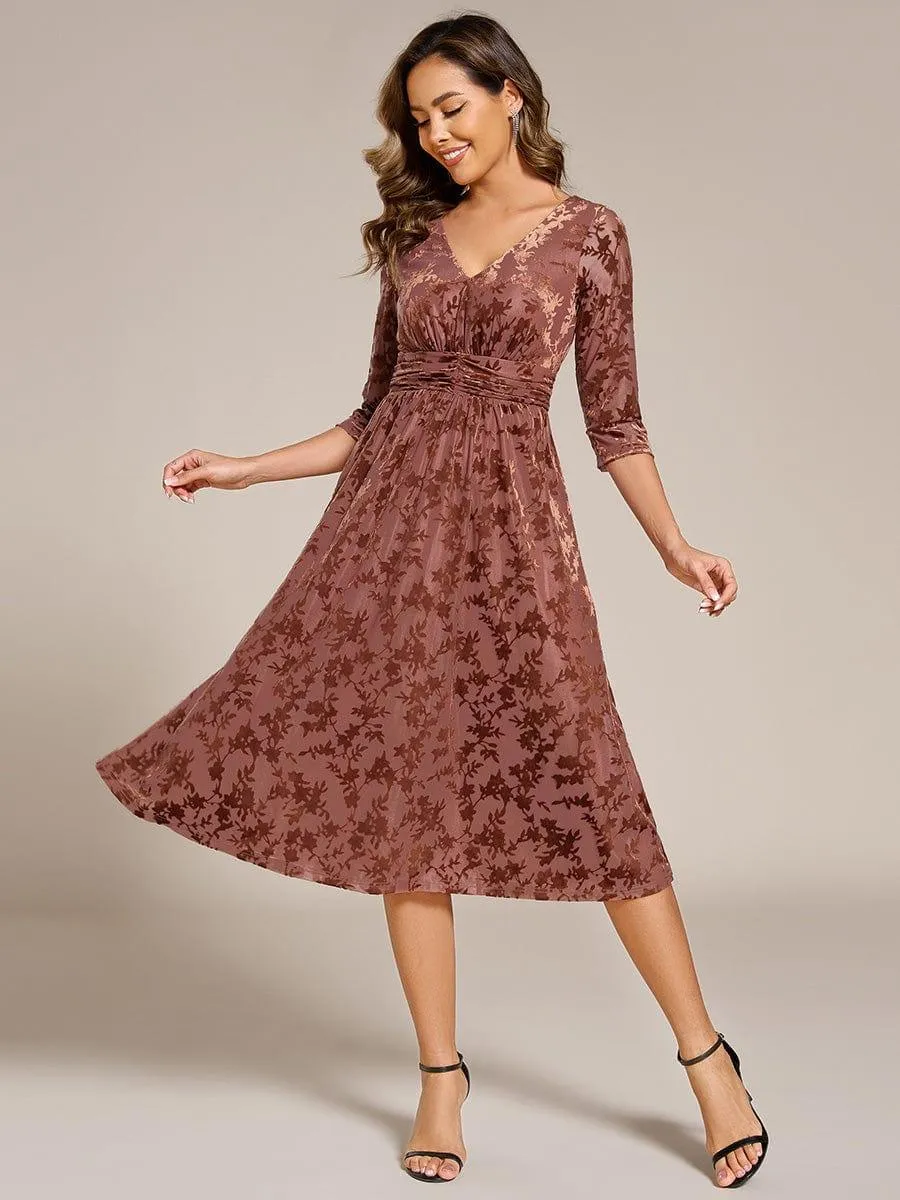 Floral Velvet 3/4 Sleeve V-Neck Pleated Wedding Guest Dress