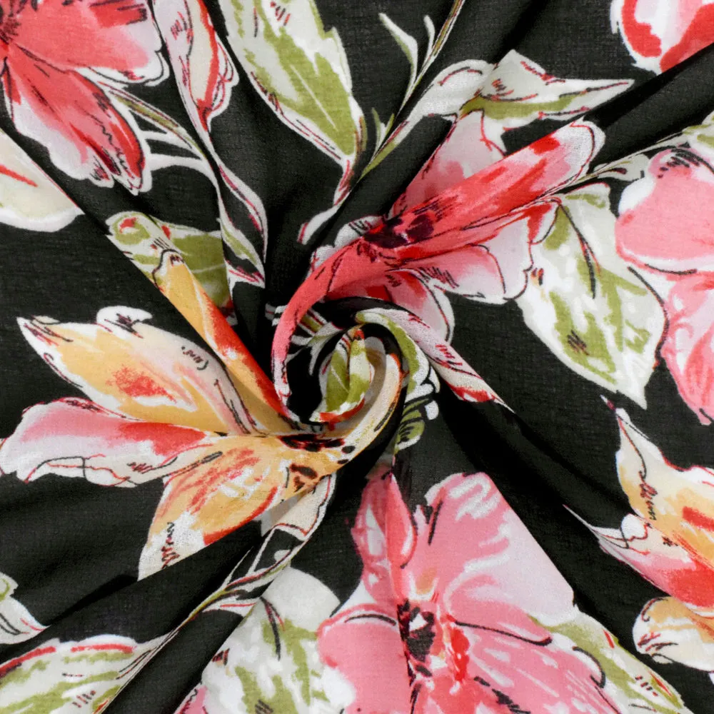 Flower Pink-Black-Multi Floral Printed Polyester Chiffon Woven Fabric