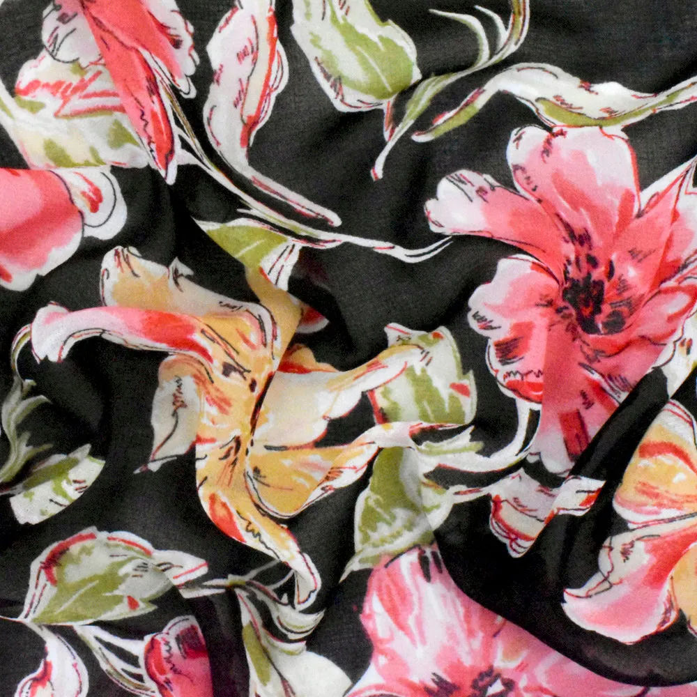 Flower Pink-Black-Multi Floral Printed Polyester Chiffon Woven Fabric
