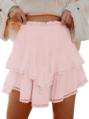 Flowy Shorts for Women Casual Boho Ruffle Tiered Skorts High Waist Mini Skirts Golf Tennis Crochet Shorts